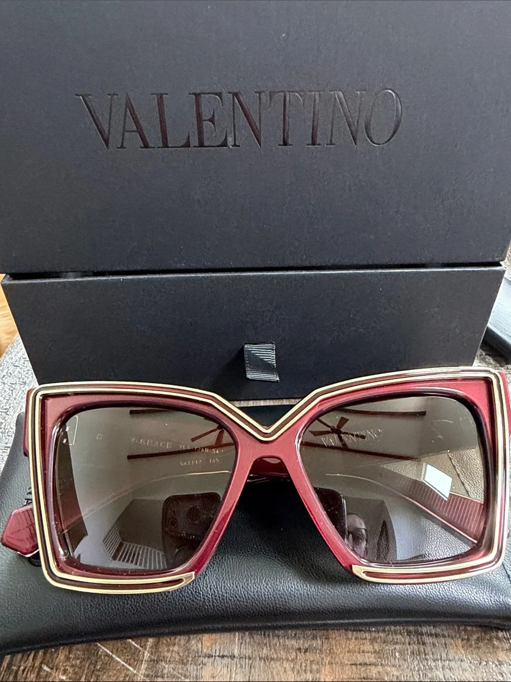 Valentino V-Grace Burgundy and Gold Oversized Square Sunglasses